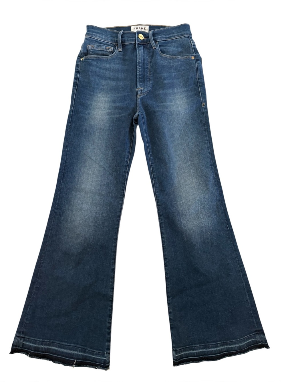 FRAME Le Crop Flare Raw Hem High Rise Jeans (Washington Circle) Medium Blue 24